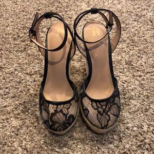 Black lace wedge sandals